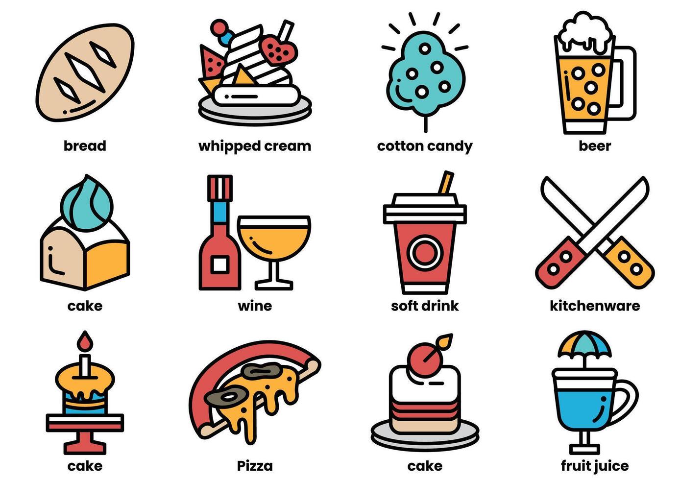 The image is a collection of food and drink icons, including pizza, cake, wine vector