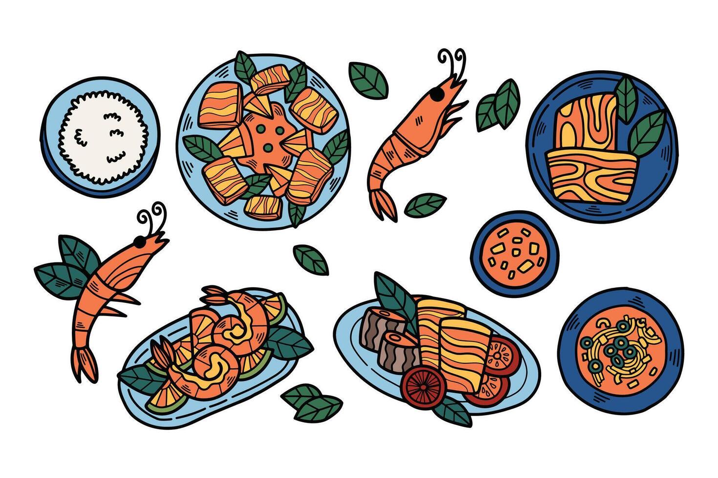 A black and white drawing of a variety of foods, including shrimp, fish vector