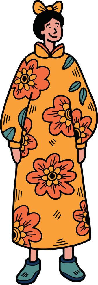 Illustration of characters in Chinese or Japanese style clothing. Hand drawn in line style vector