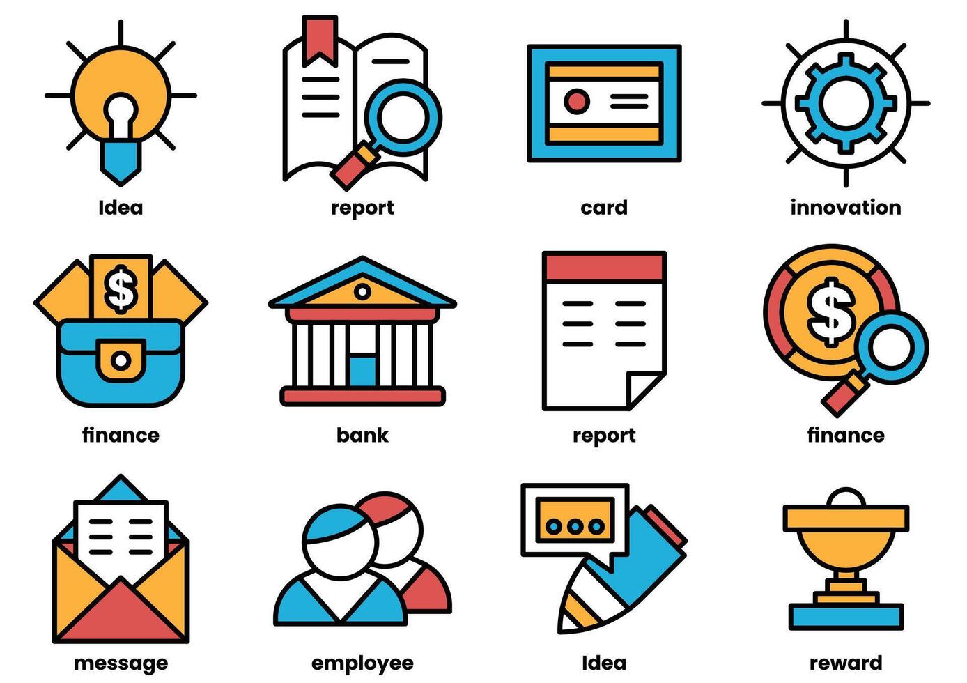 The icons include a bank, a wallet, a book, a pen, a clock, a dollar sign vector