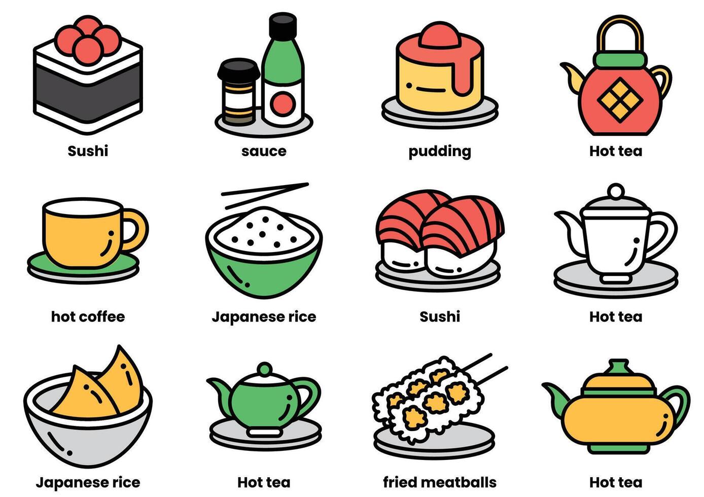 A set of food icons, including cups, bowls, and teapots vector