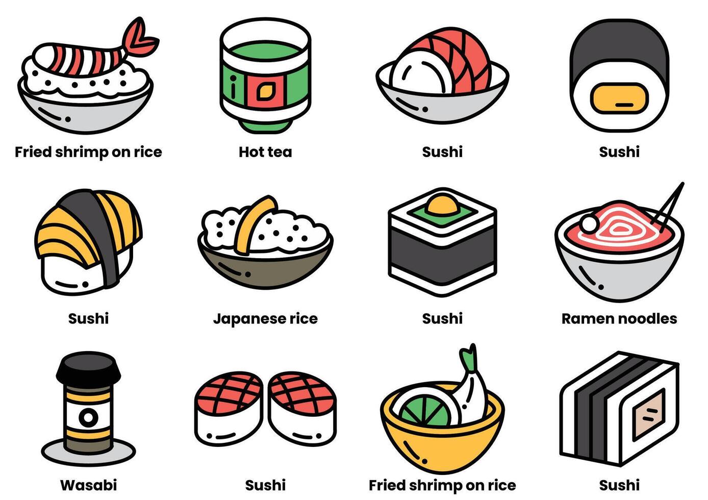 A collection of Japanese food items including sushi, ramen, and tempura vector