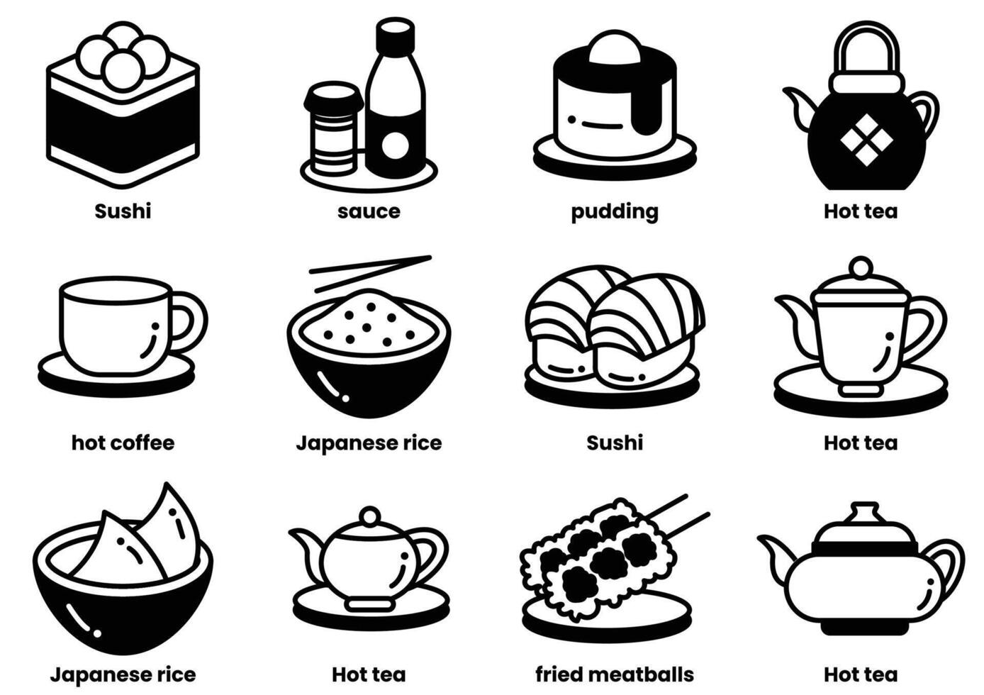 A set of food icons, including cups, bowls, and teapots vector