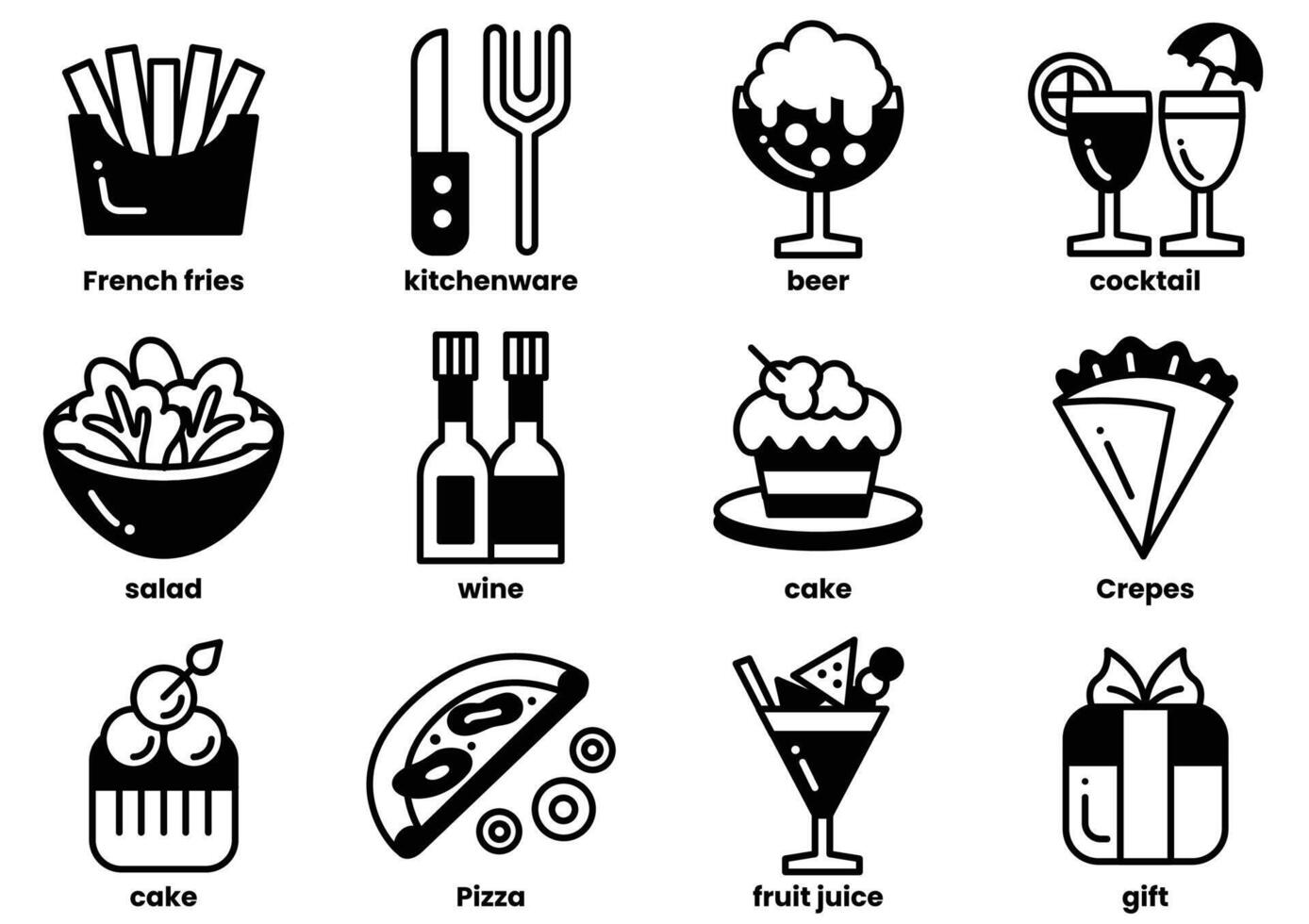 A set of food and drink icons, including a pizza, a salad, a cake, a wine bottle vector