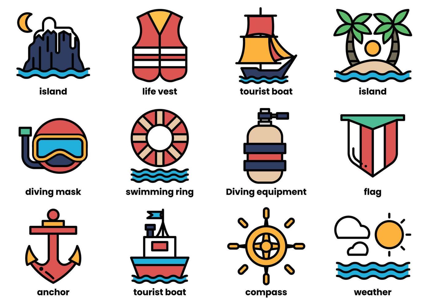 The image is a collection of various water-related icons, including a boat vector