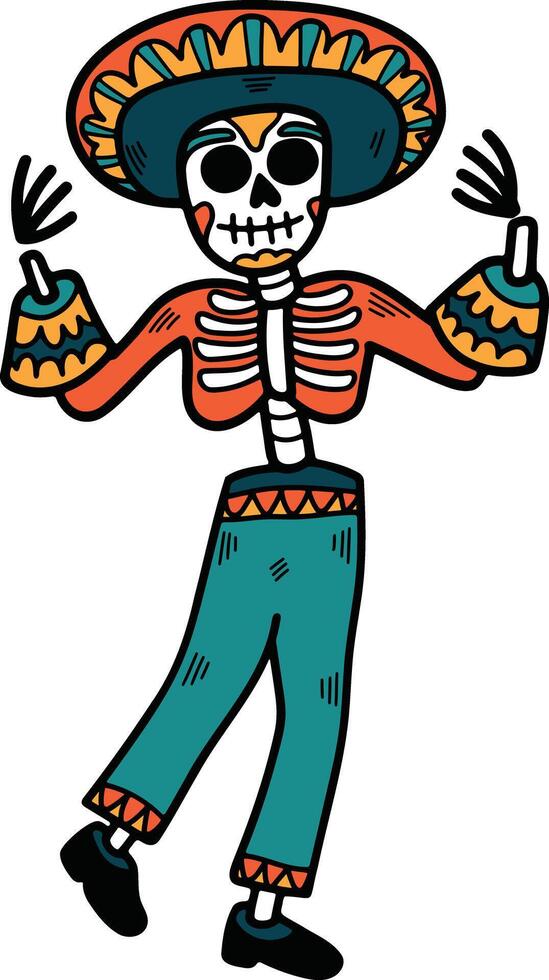 A skeleton dressed in a sombrero and pants is dancing vector