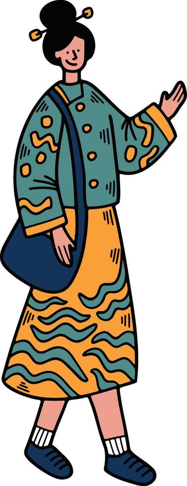 Illustration of characters in Chinese or Japanese style clothing. Hand drawn in line style vector