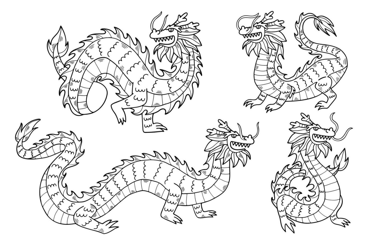 Chinese or Japanese style dragon illustration Hand drawn in line style vector
