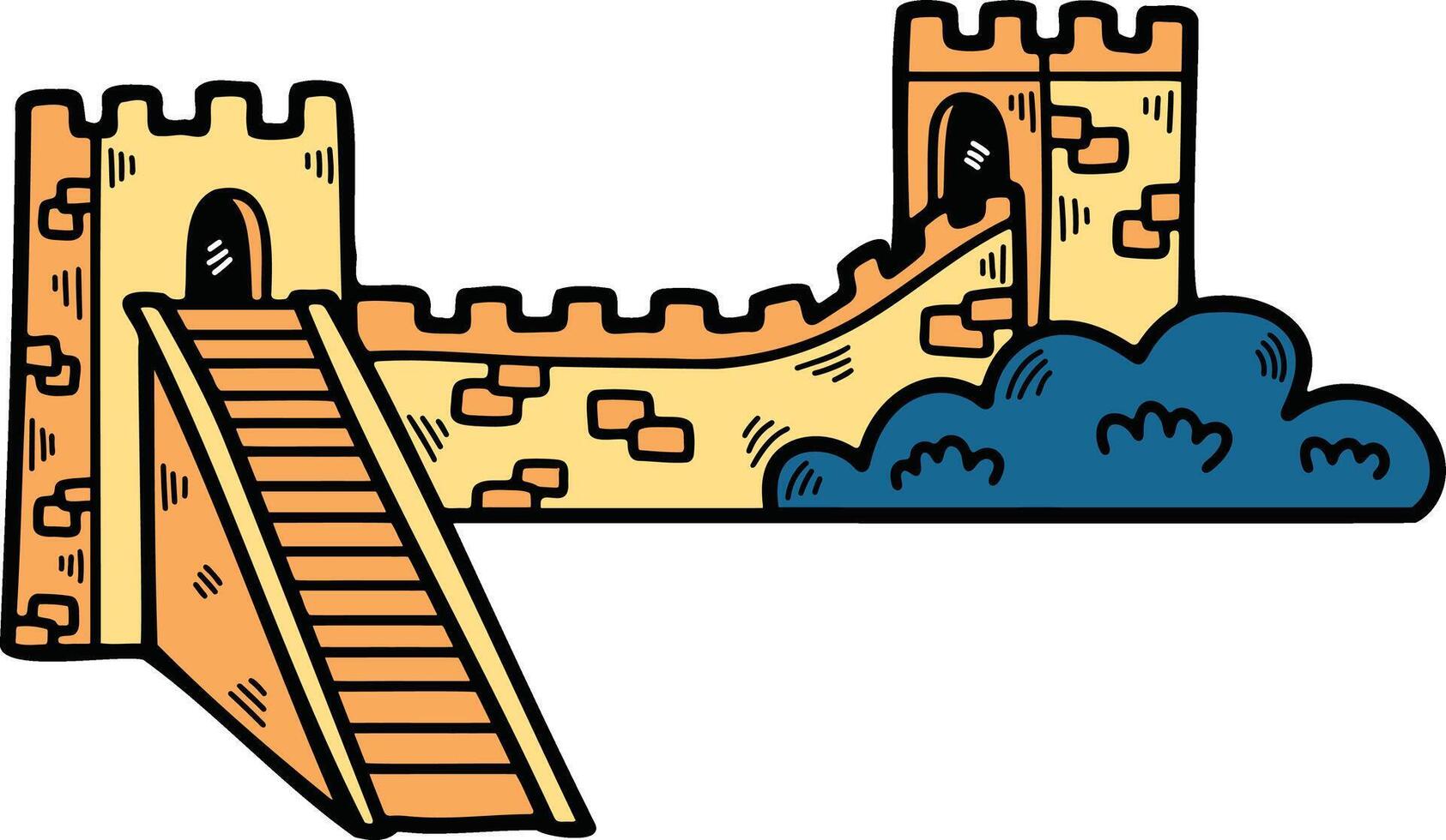 Illustration of Chinese buildings and the Great Wall Hand drawn in line style. vector