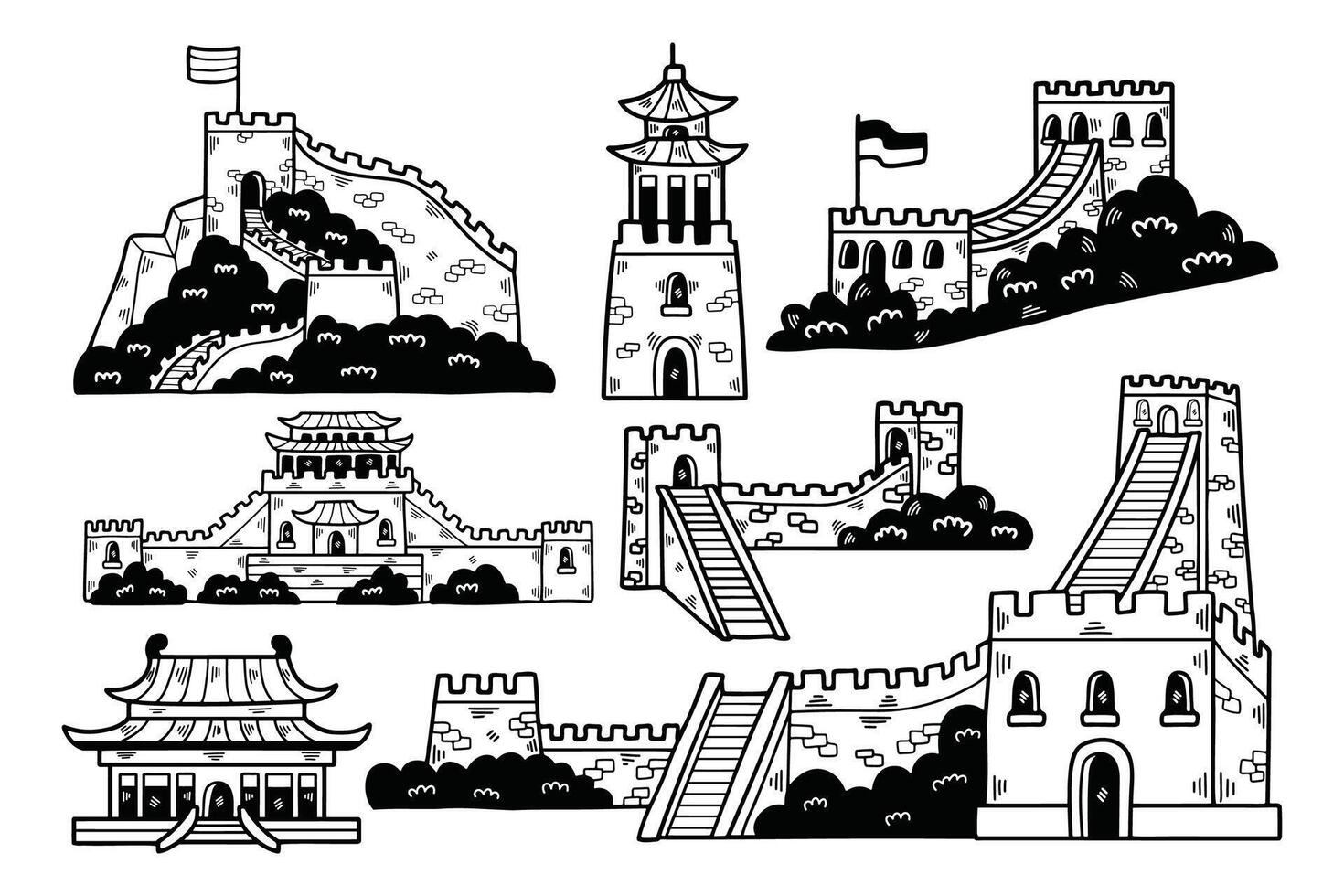 Illustration of Chinese buildings and the Great Wall Hand drawn in line style. vector