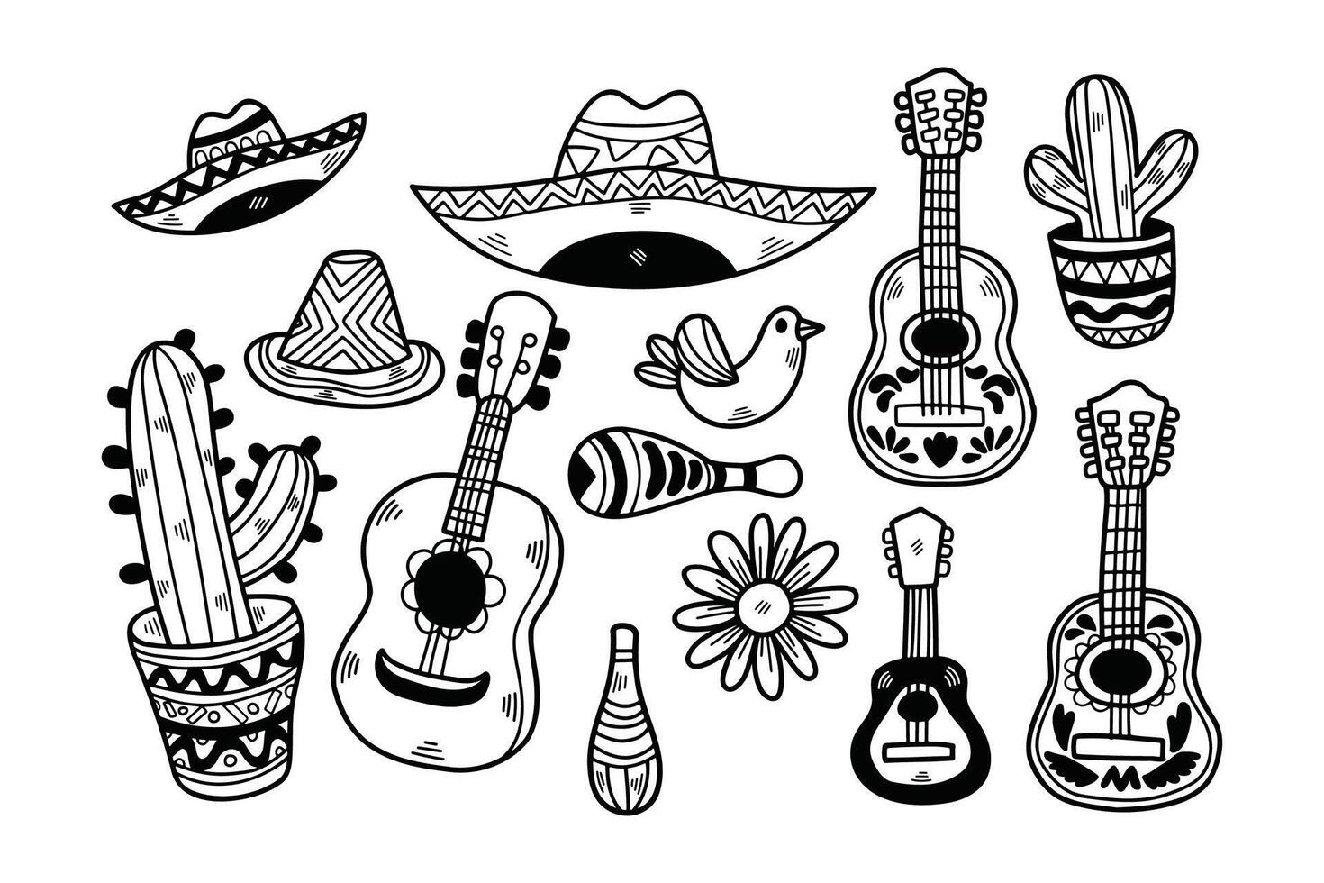 collection of various musical instruments and hats, including a guitar vector