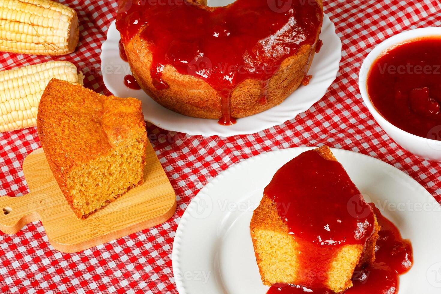 Homemade corn cake with guava paste on a table, selective focus, Typical Brazilian party food photo
