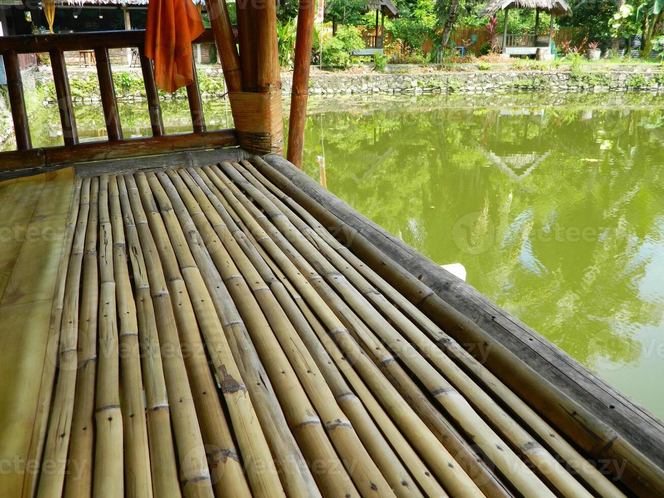 Image of a water pond with lotus plants above it. The pool has a beautiful view with shadows of objects and plants on the water photo