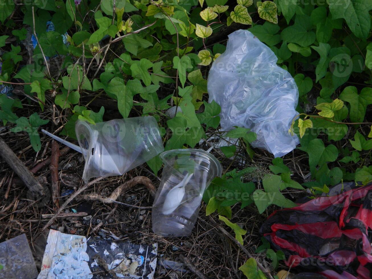 Waste that can damage the environment is often found in urban areas with poor waste management photo