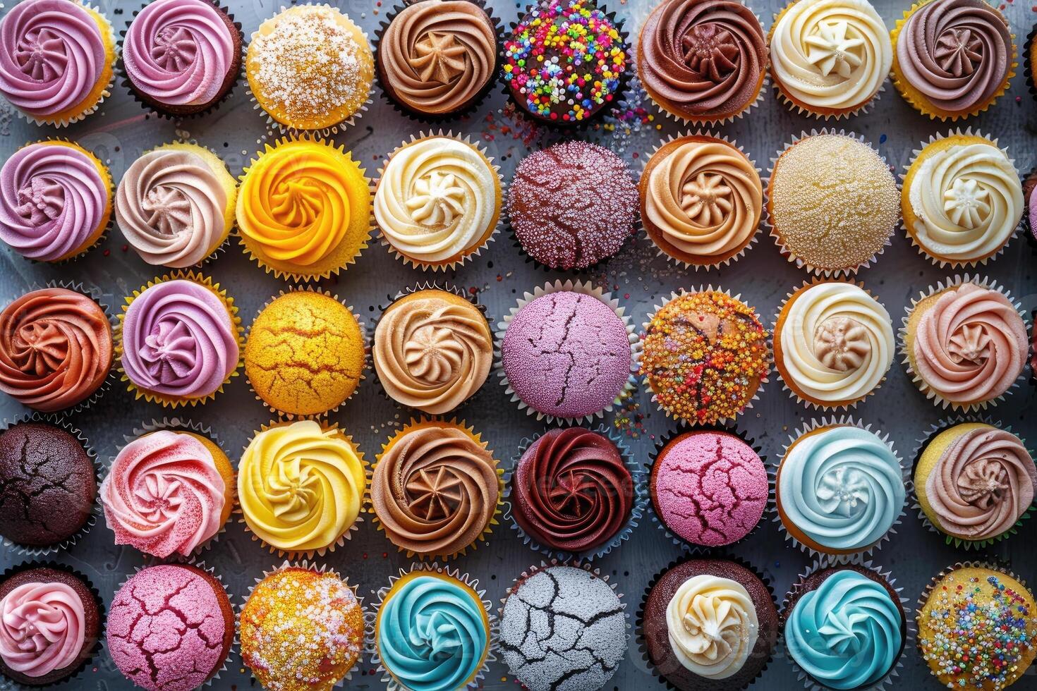Assorted colorful cupcakes arranged closely photo