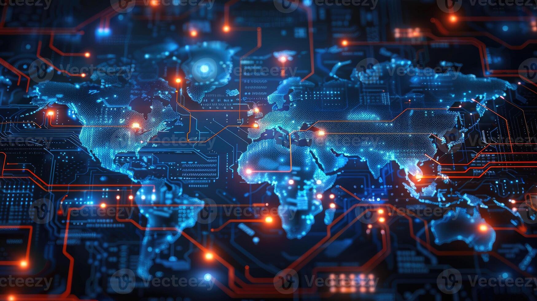 World map digital tech circuit board background photo