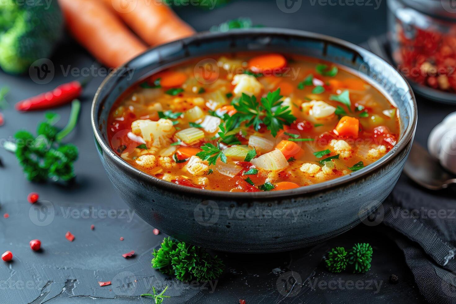 Spicy vegetable soup with in a bowl. Cauliflower, broccoli, carrots. photo