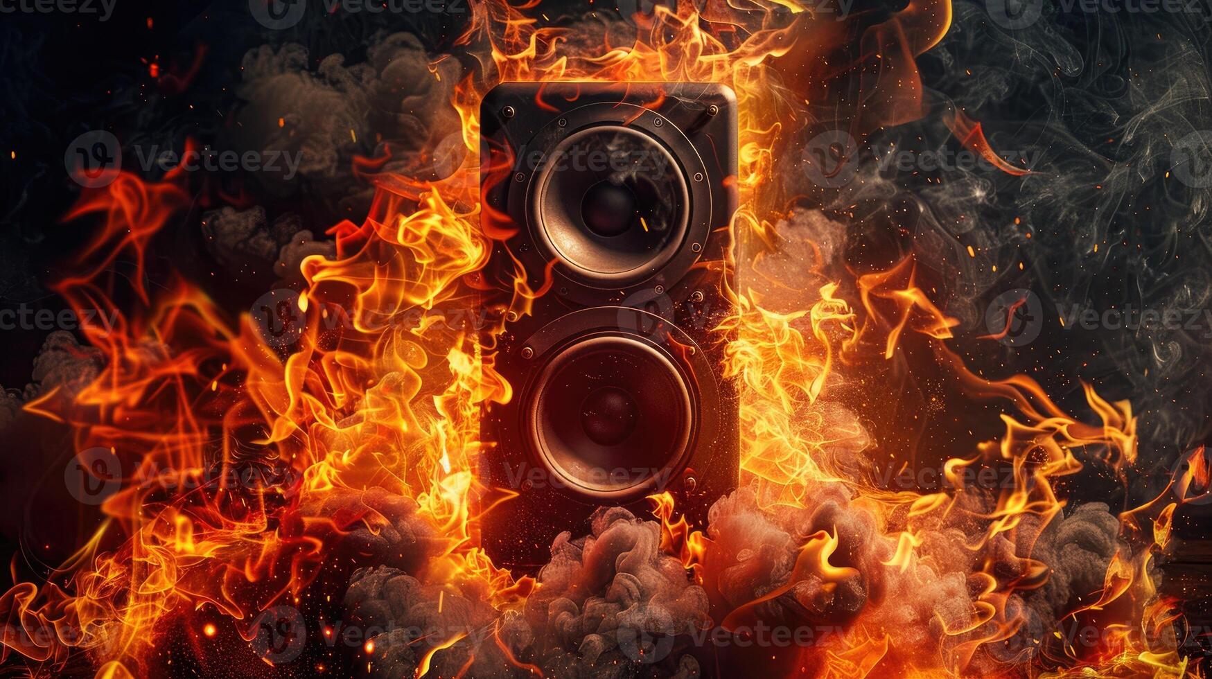 Speakers surrounded by fire, burning speaker on a dark background. photo