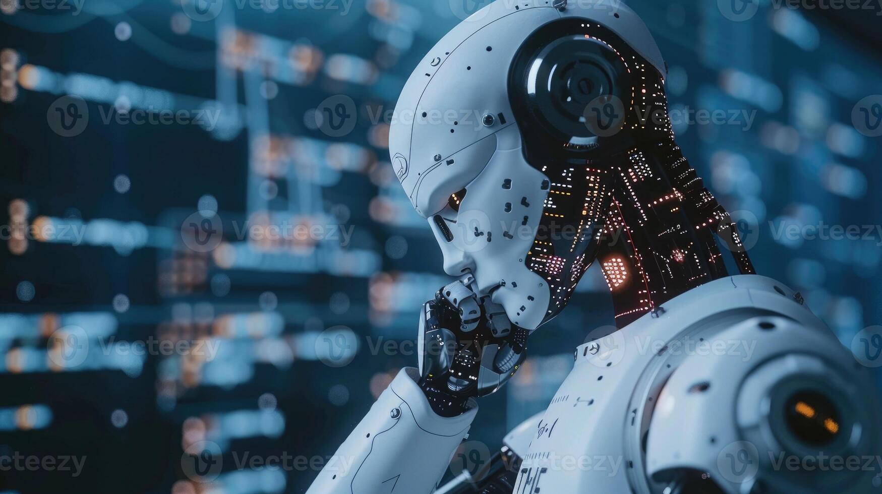 Robot analyzing data on multiple screens photo