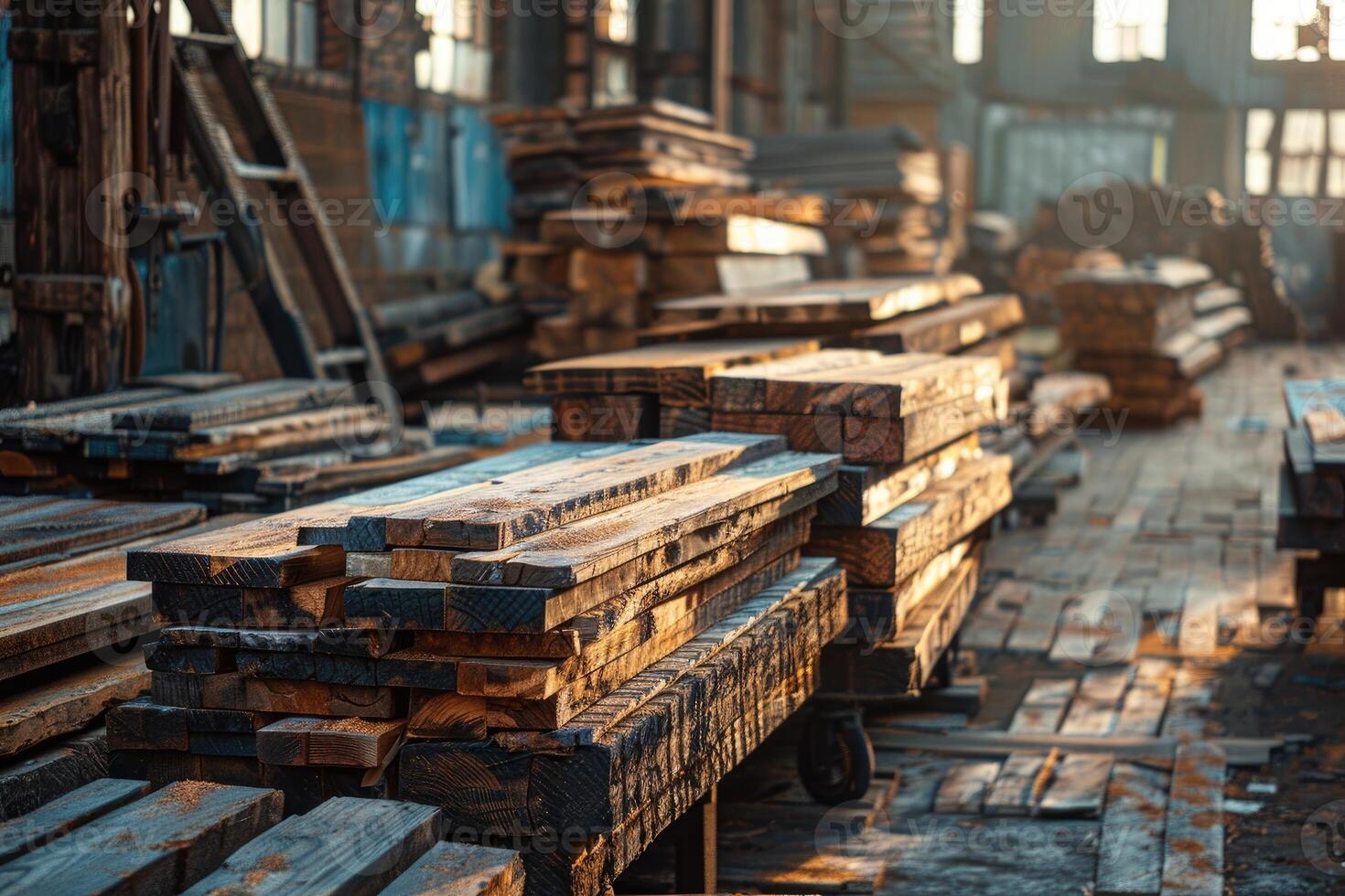 Piles of wooden boards in the sawmill photo