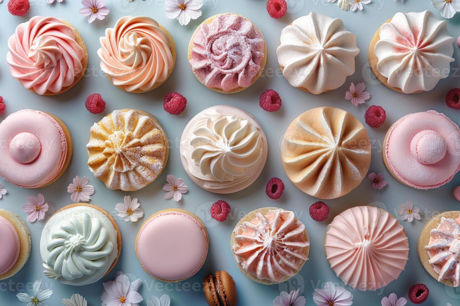 Beautifully arranged meringues and macarons, perfect for a dessert buffet photo