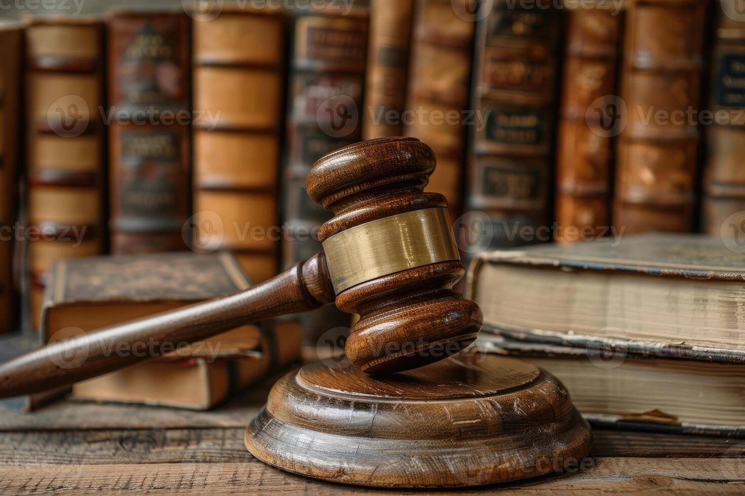 Judge gavel near law textbooks in court archive study room for copyright and international legal rights. photo