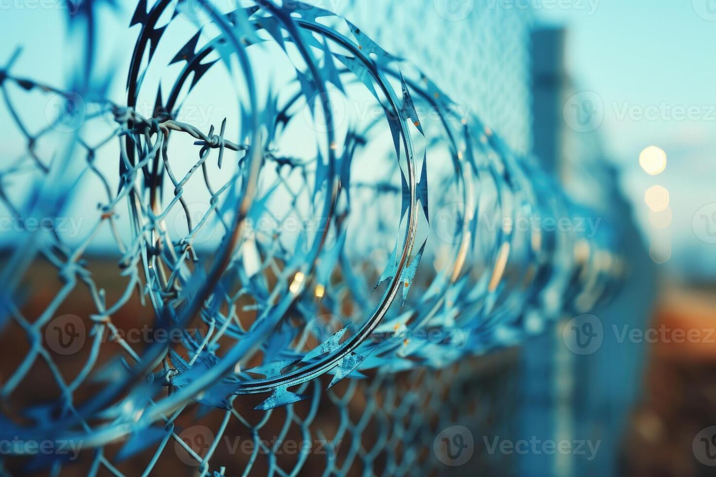 Barbed and razor wire fence. Fencing the state border against immigration photo