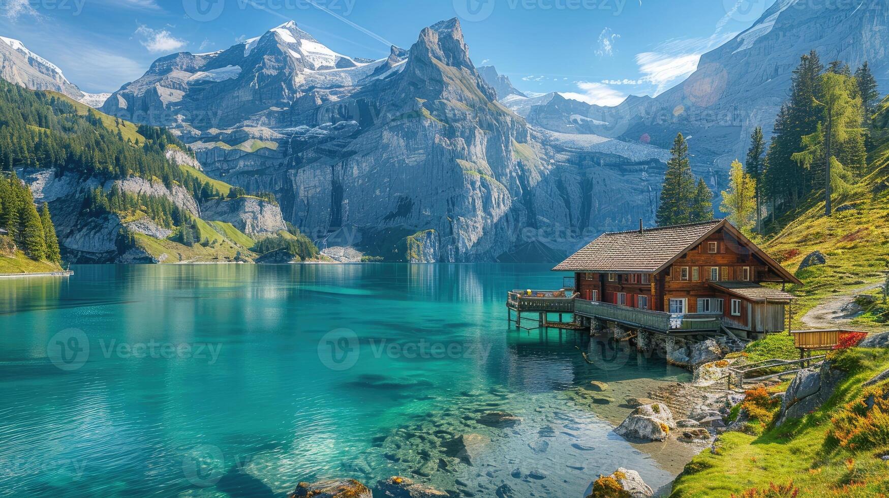 Alpine house by lake with lush greenery and mountains photo