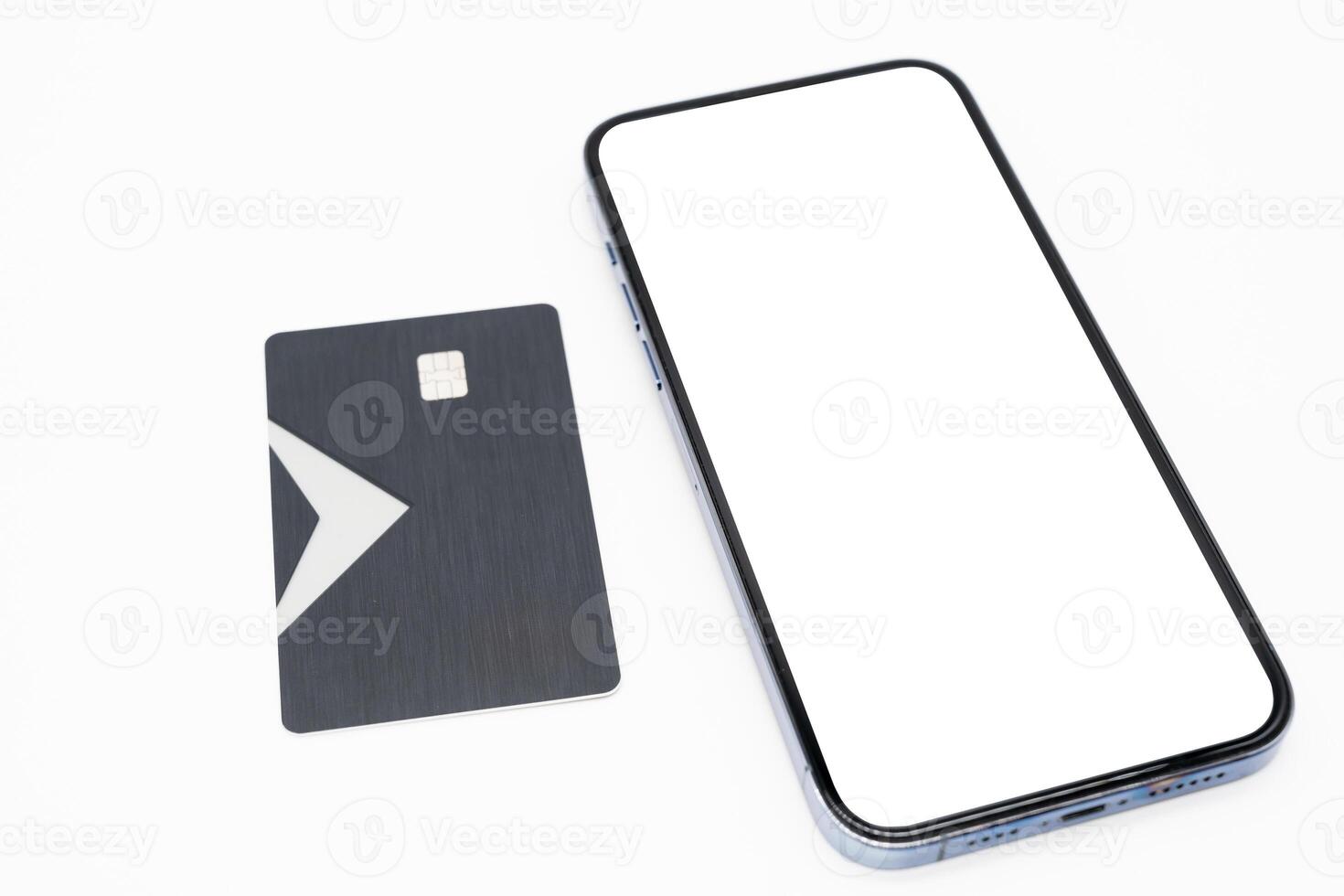 smart phone with blank screen and credit card, online shopping, e-commerce, internet banking concept. Banking, business and work, device and shopping, sale app, order and pay. isolated background. photo