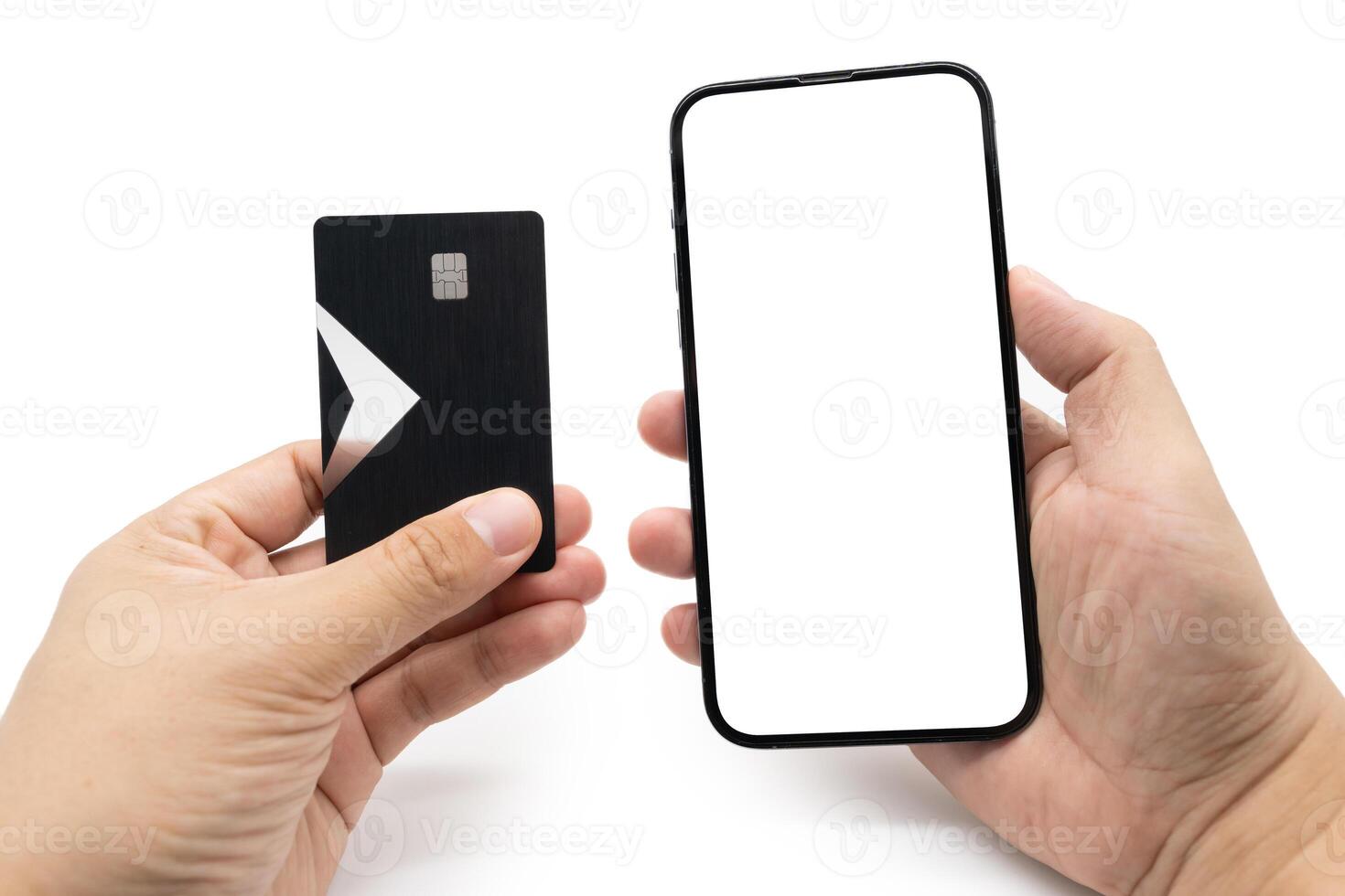 smart phone with blank screen and credit card, online shopping, e-commerce, internet banking concept. isolated background. Clipping path. photo