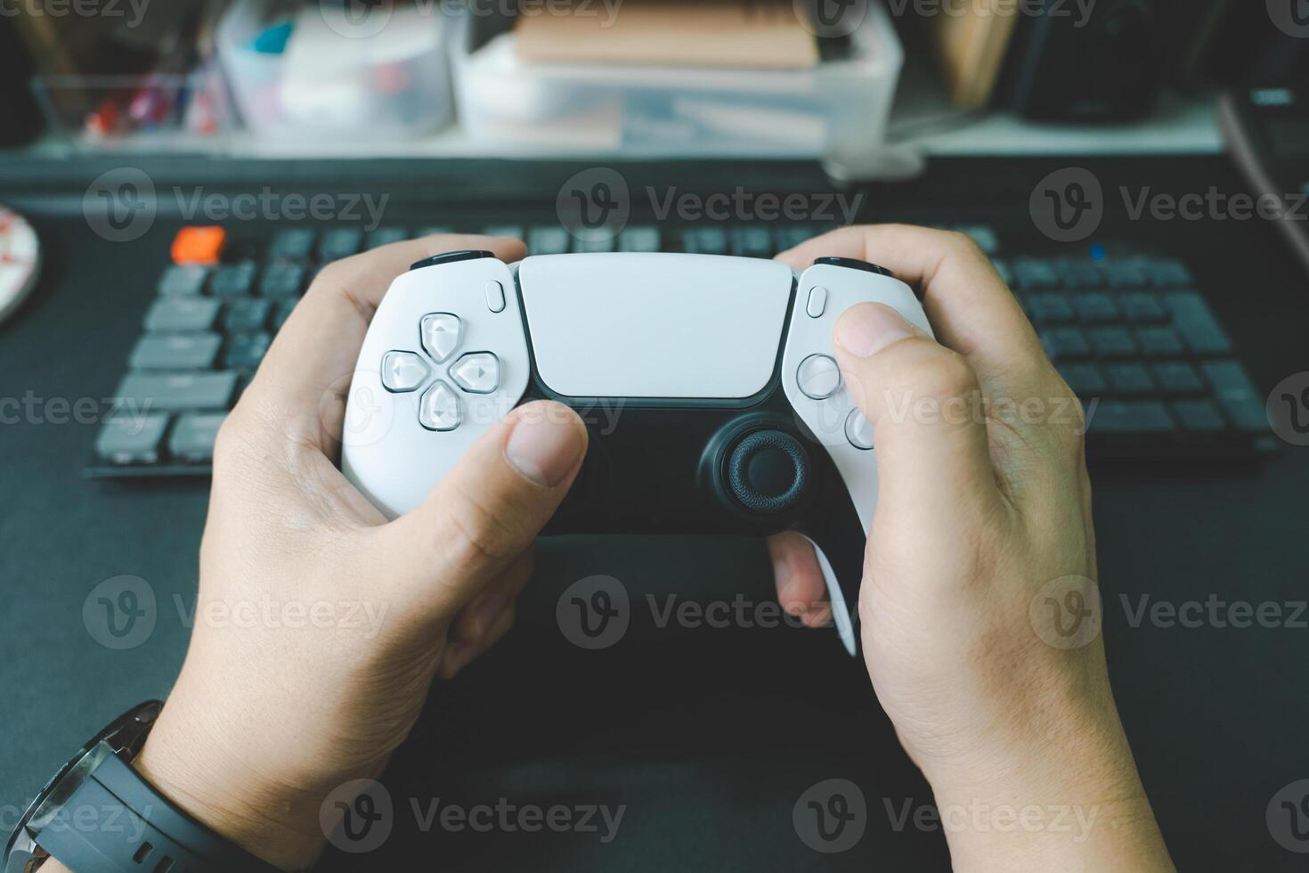 Console gamepad new generation on male hand background. Controller console playing player holding hobby playful enjoyment. photo