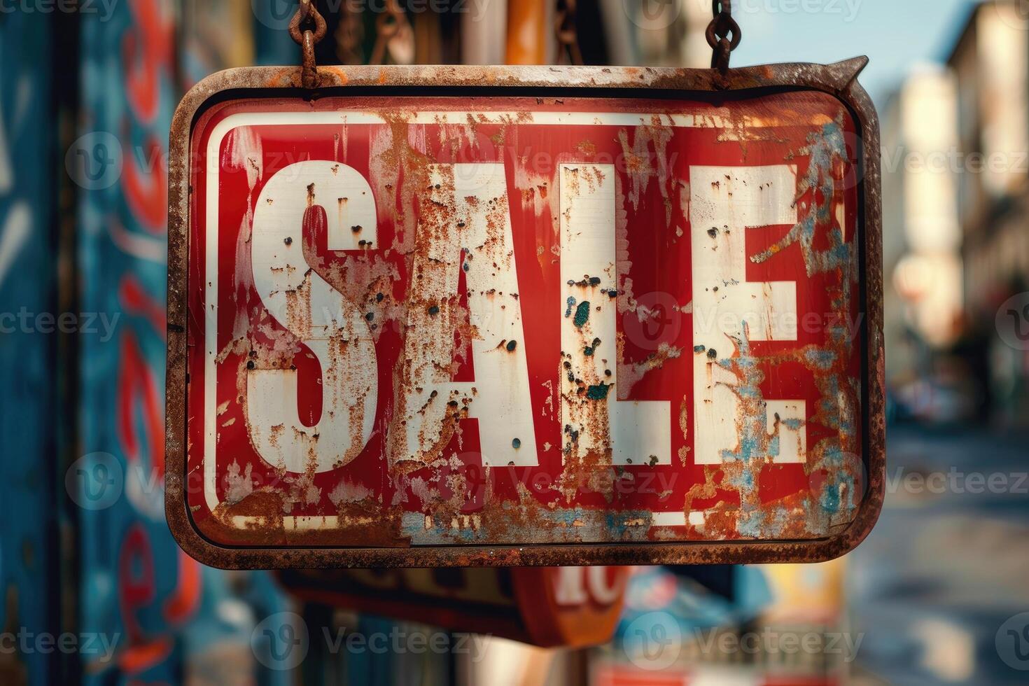 Rusty sale sign hanging on a city street photo