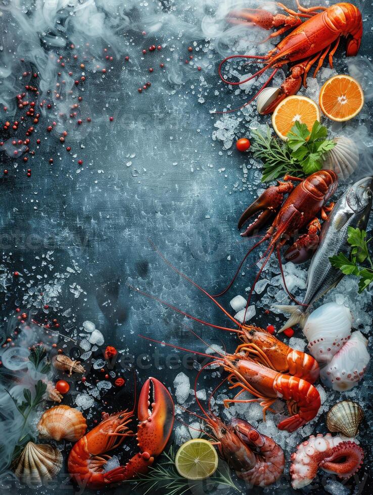 Seafood on ice with dramatic smoke effect photo