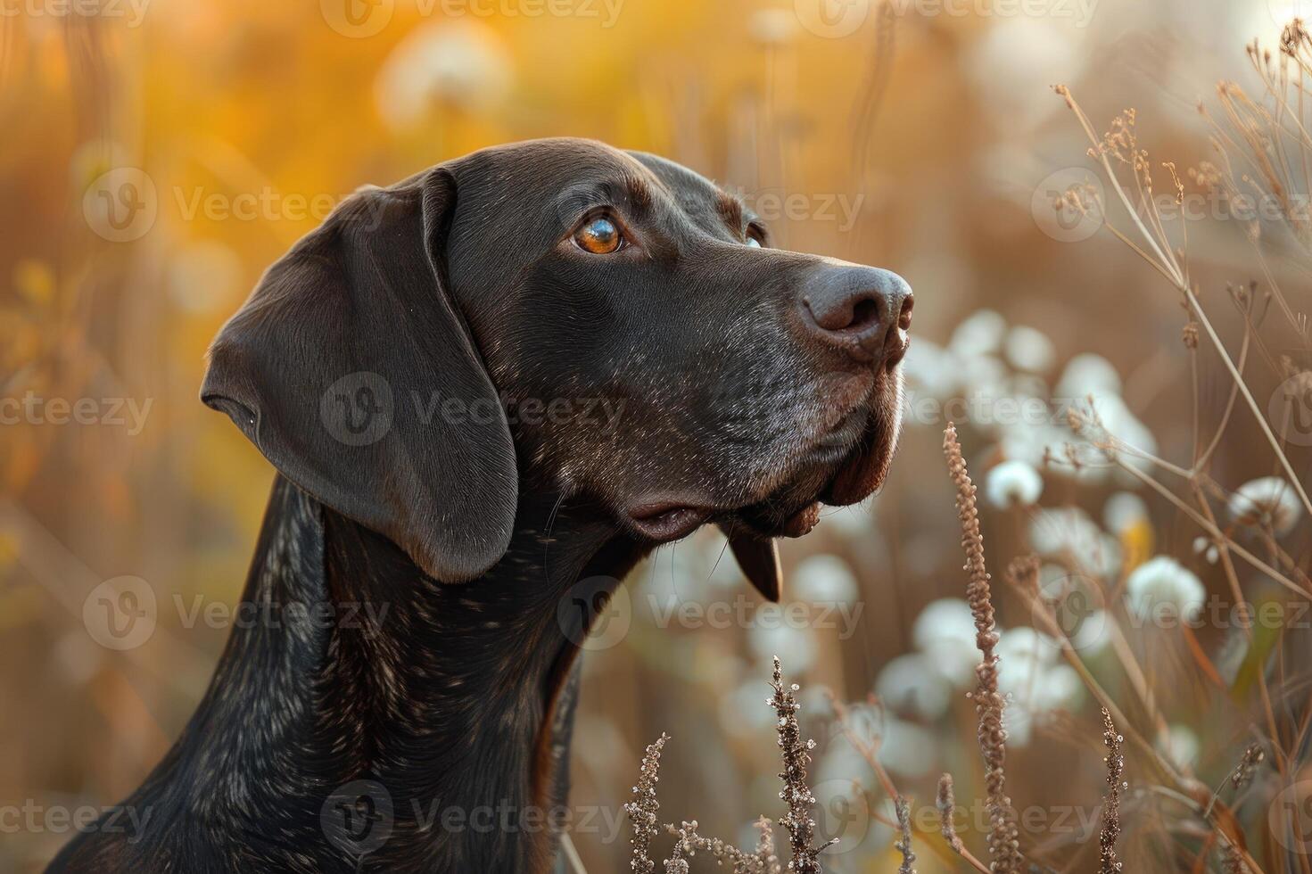 Hunting dog in tall grass. German Shorthaired Pointer. photo