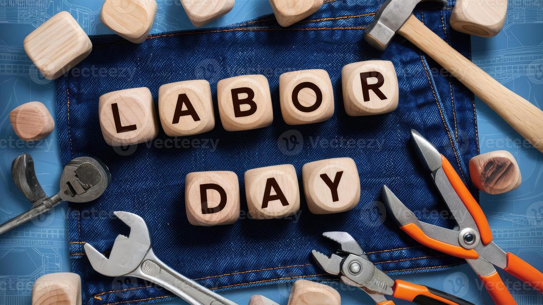 Wooden letter blocks spelling Labor Day with tools on blue denim fabric background photo