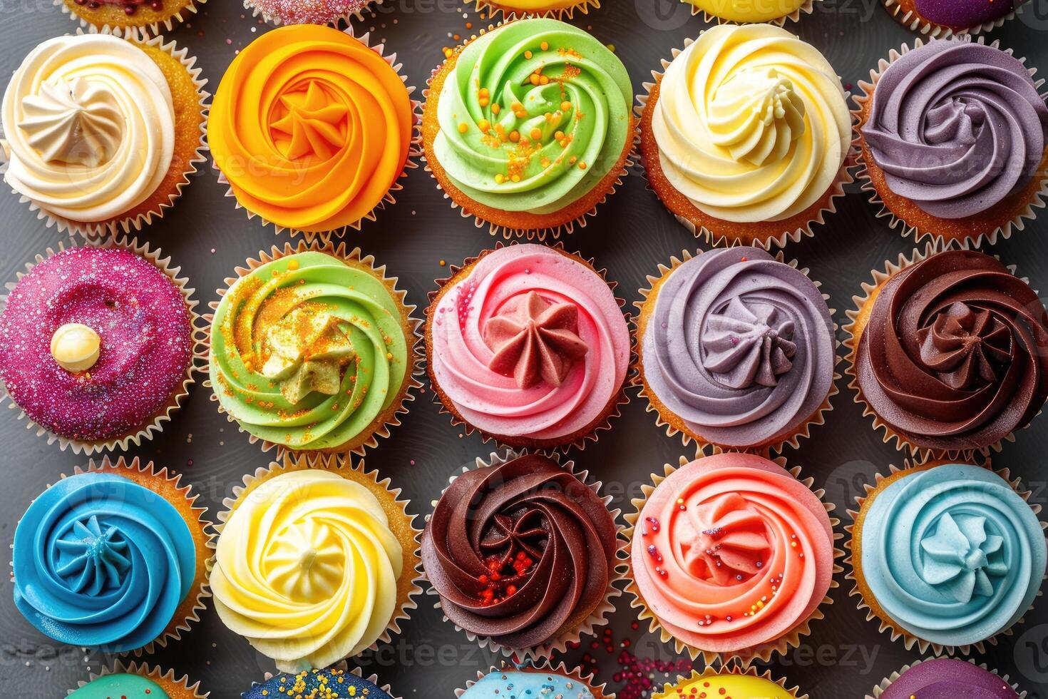 Assorted colorful cupcakes arranged closely photo