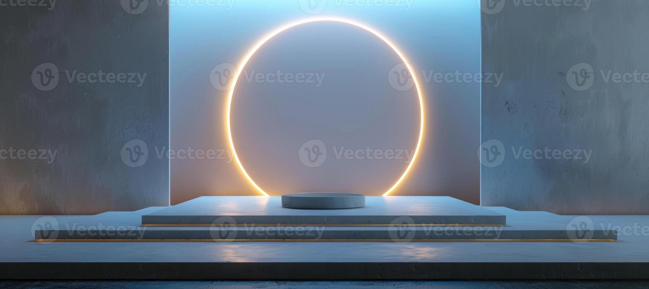 Modern neon circle light and podium in a minimalistic room for product placement display. photo