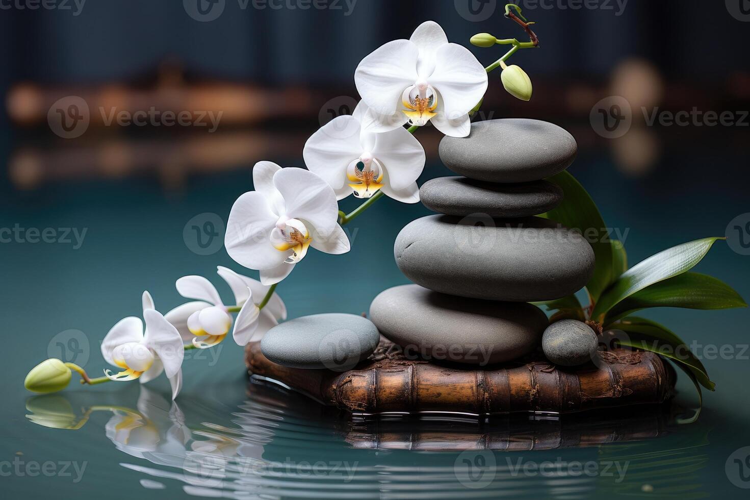 Spa stones, bamboo branches and white orchid photo
