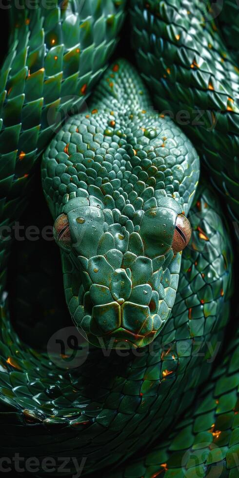Coiled green snake with raindrops on its skin photo