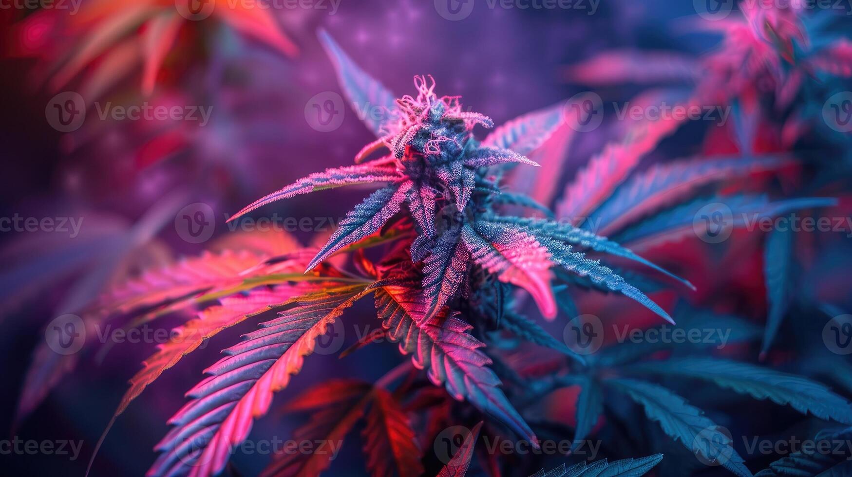 Marijuana plant growing under color lighting. Colored neon large leaves and buds of cannabis hemp. photo