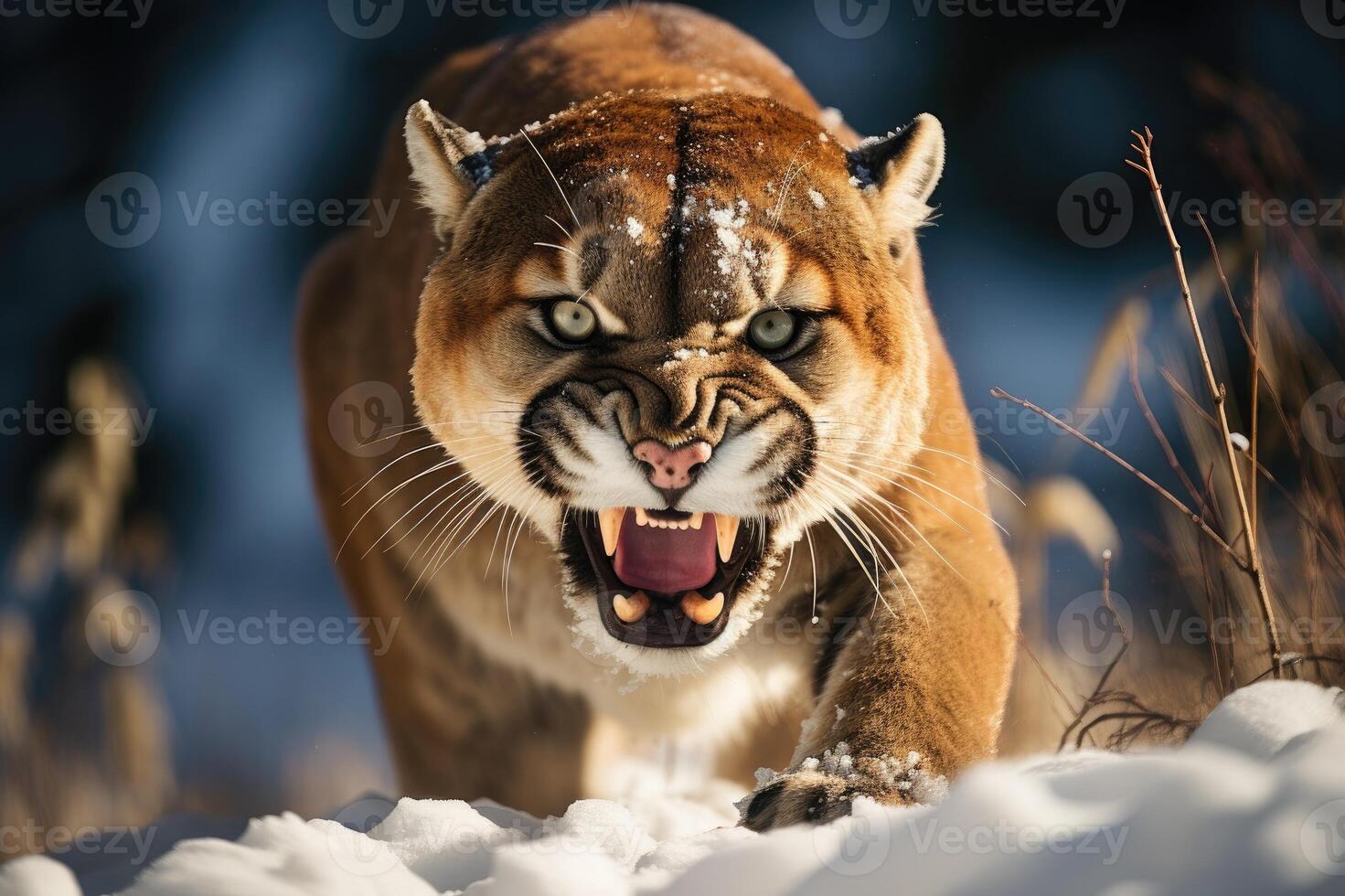 Roaring cougar or mountain lion hunts its prey photo