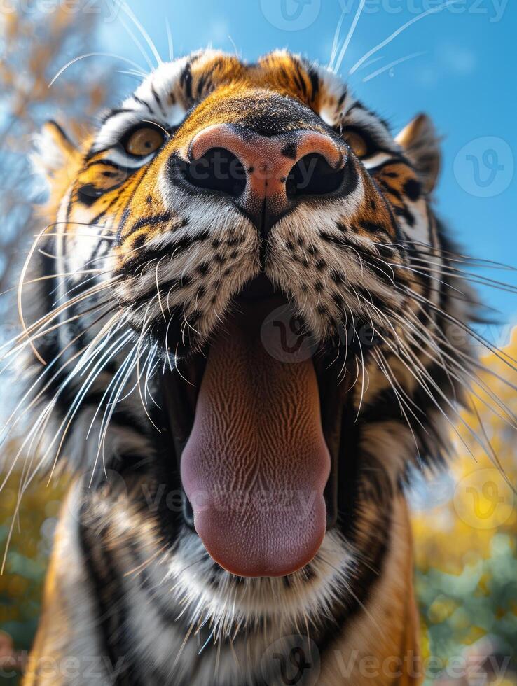 Close-up of majestic tiger face with tongue licking photo