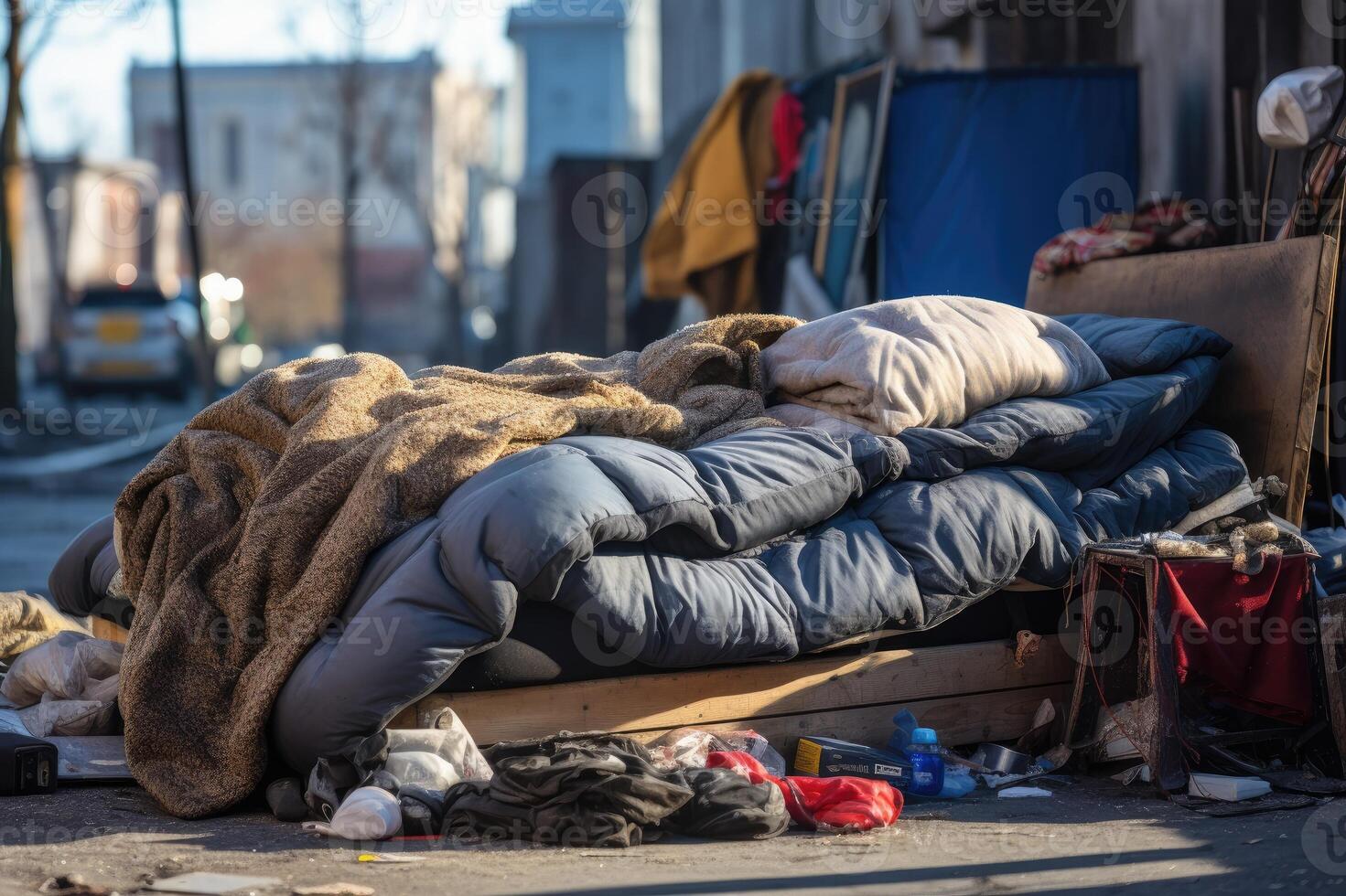 Homeless person living place with ragged discarded old broken bed with an dirty mattress and bedding. photo