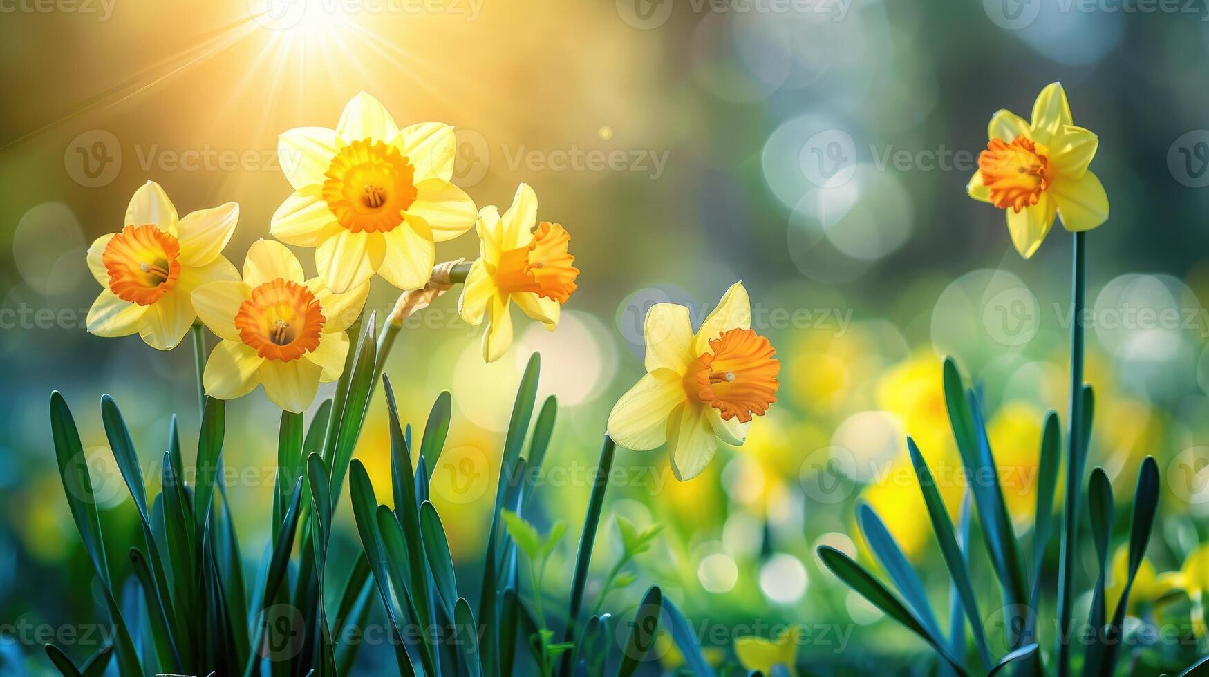 Beautiful panoramic spring nature background with daffodil flowers photo