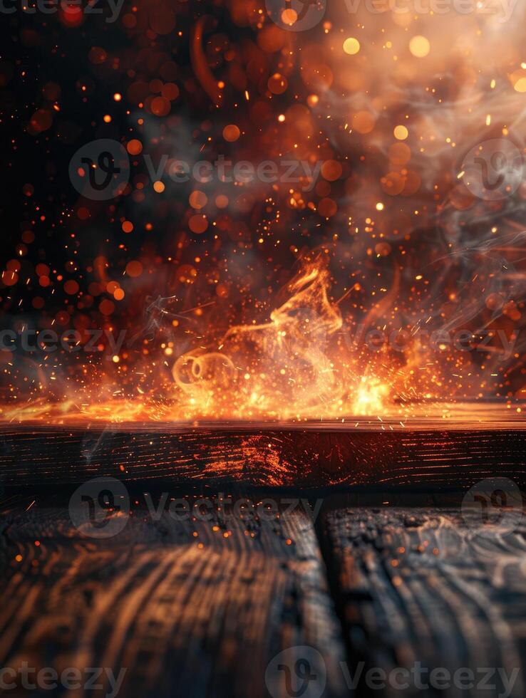 Wooden table with fire burning at the edge of the table on a dark background to display products photo