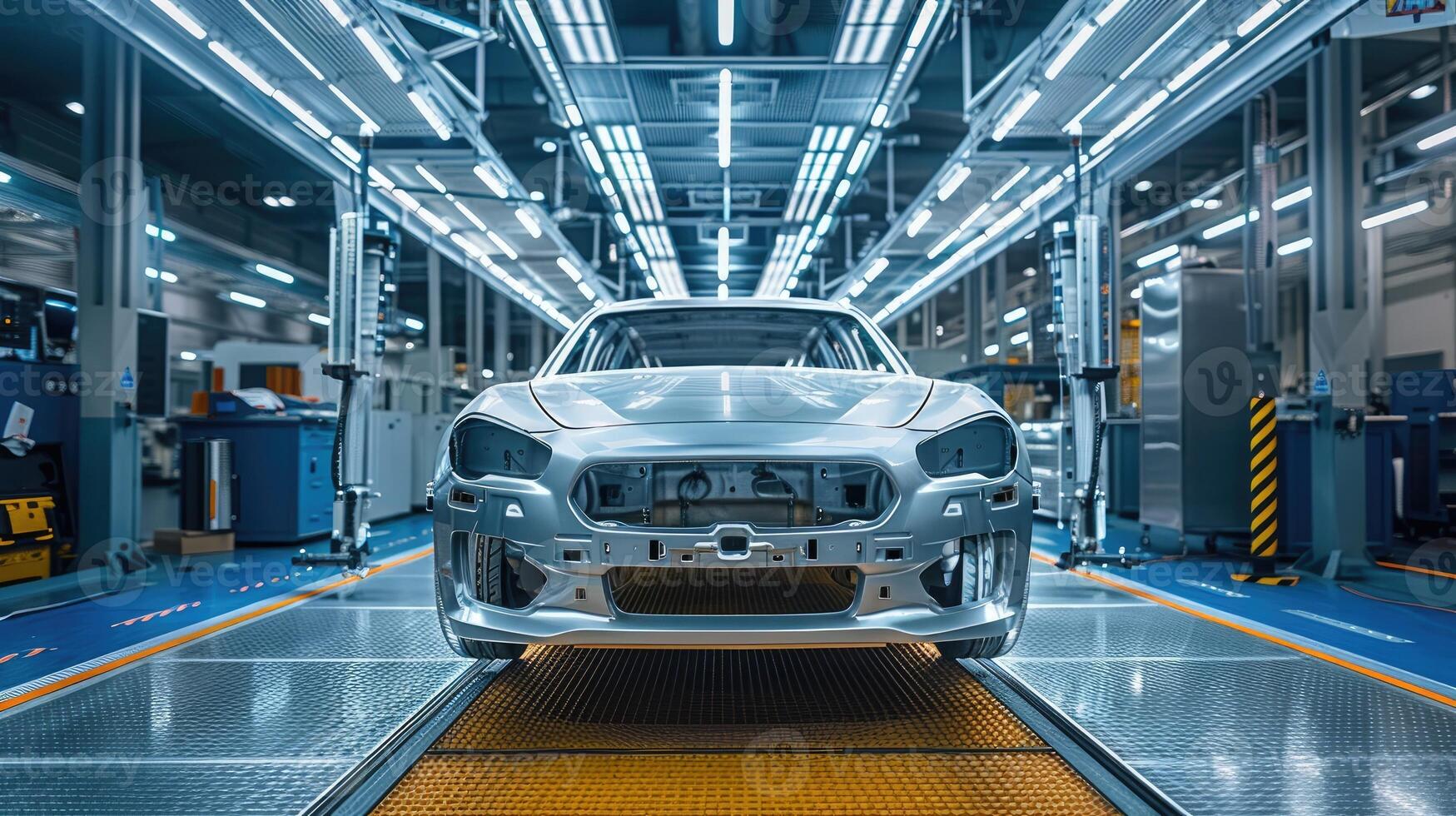 Car body on an automotive assembly line in a factory before paint is applied. Movement of vehicles along the production line at the plant. photo