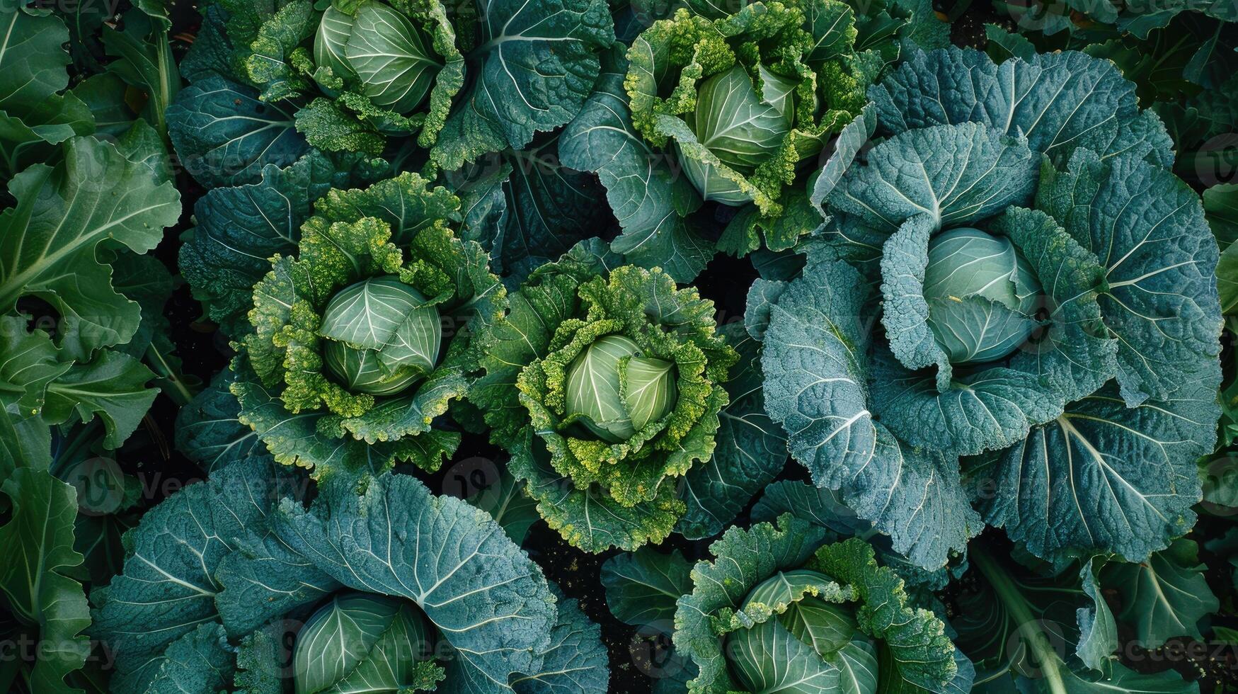 Fresh green cabbage head with dewdrops close-up photo