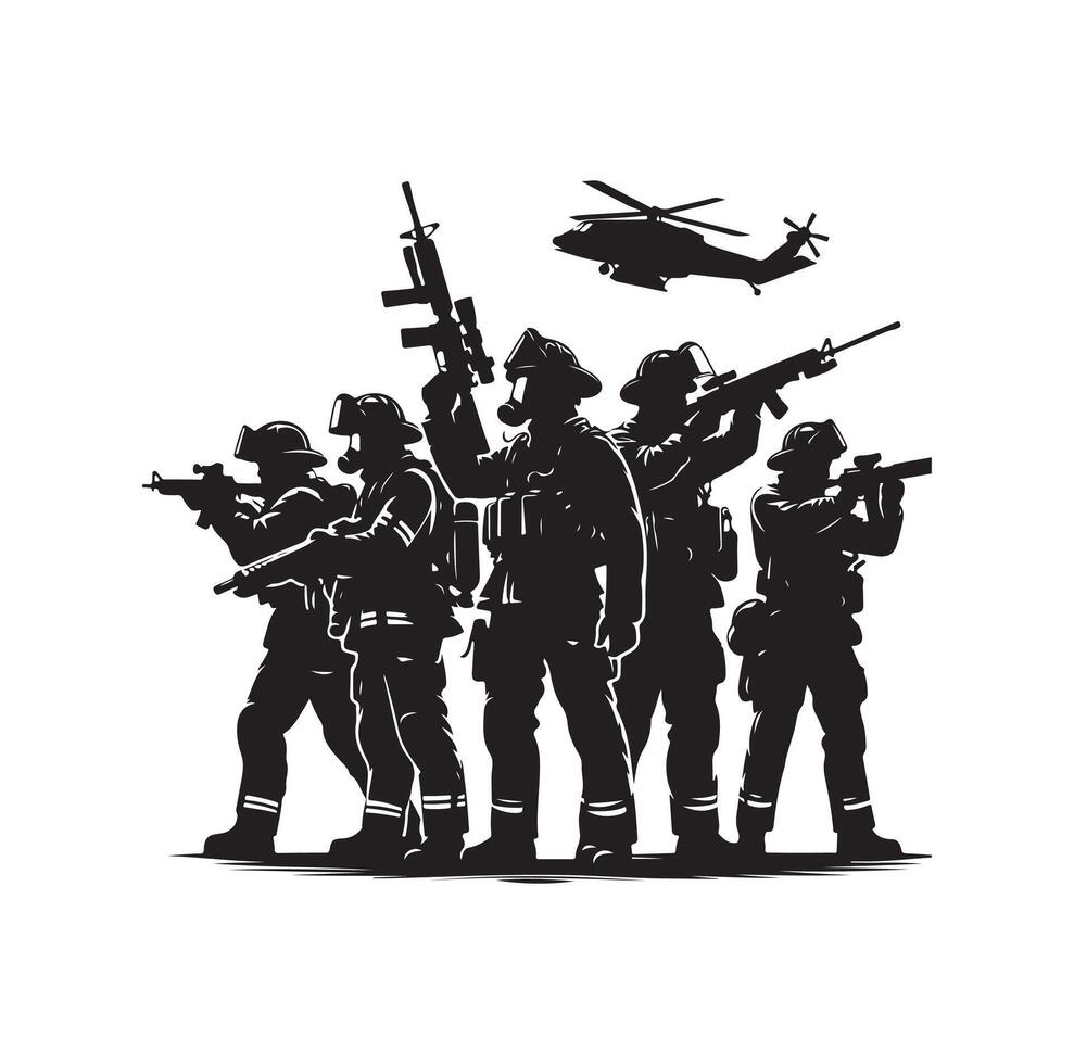 Firefighters group pose silhouette illustration vector