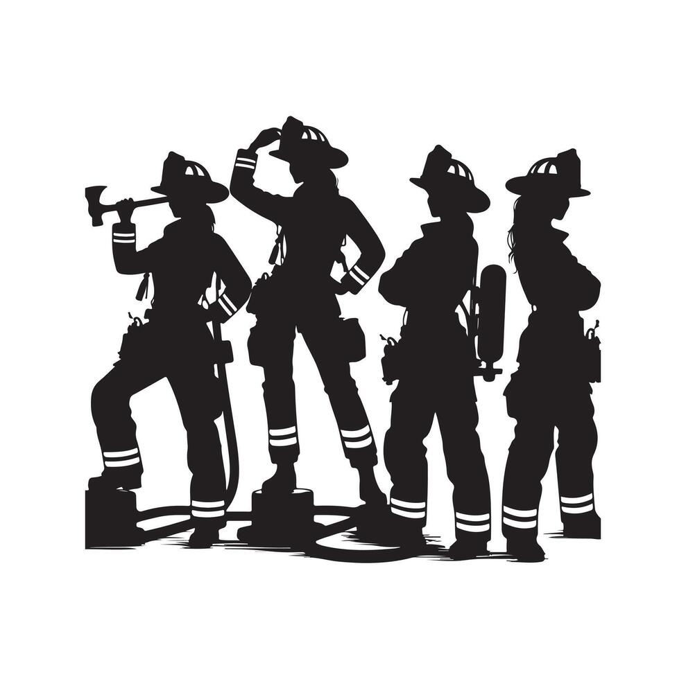 Firefighters group pose silhouette illustration vector