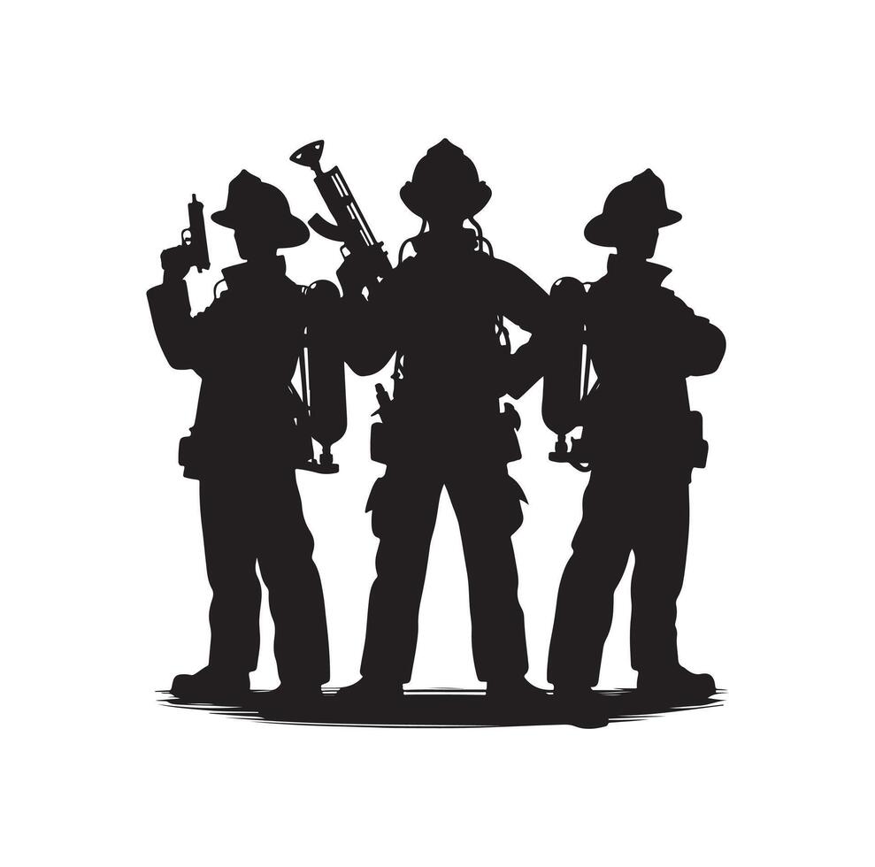 Firefighters group pose silhouette illustration vector